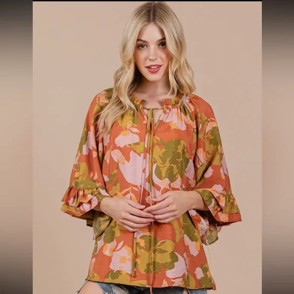 Boho Floral Print Split Mock Neck Blouse - Picture 3 of 5